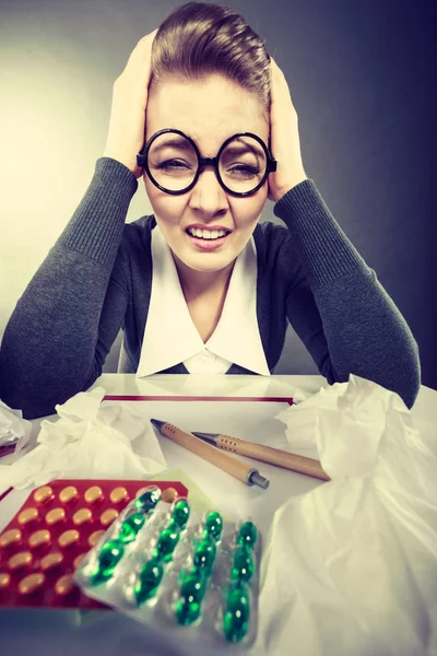 Businesswoman suffering on hard headache. — Stock Photo, Image
