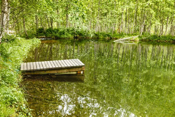 Velho cais de madeira na lagoa do lago no verão — Fotografia de Stock