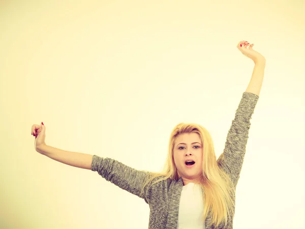 Bored, sleepy woman stretching and yawning — Stock Photo, Image