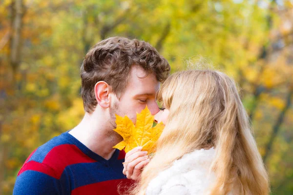 Пара с кленовым листом целуется в осеннем парке — стоковое фото