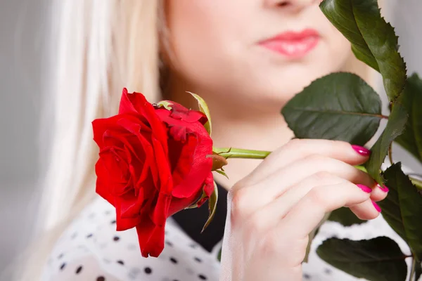 Крупним планом жінка тримає червону троянду біля обличчя . — стокове фото