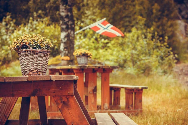Bandeira norwegian e local de piquenique verde — Fotografia de Stock