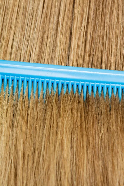 Nahaufnahme von blauem Kamm im blonden Haar. — Stockfoto