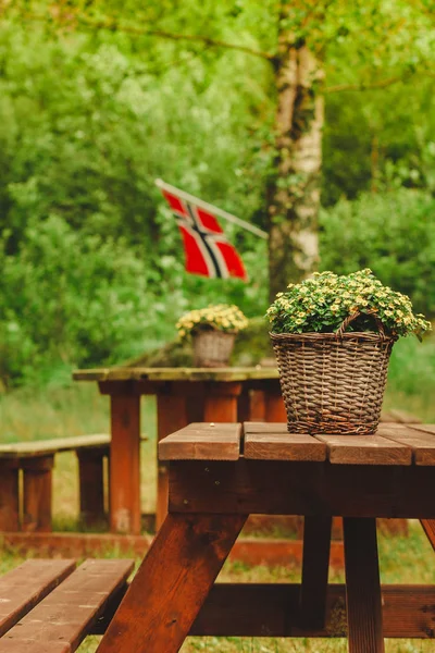 Bandeira norwegian e local de piquenique verde — Fotografia de Stock