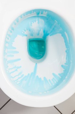 Mavi deterjan ile beyaz tuvalet kase