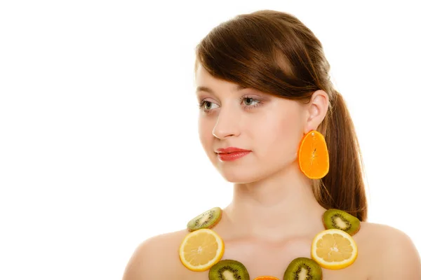 Diet. Girl with necklace of fresh citrus fruits isolated — Stock Photo, Image