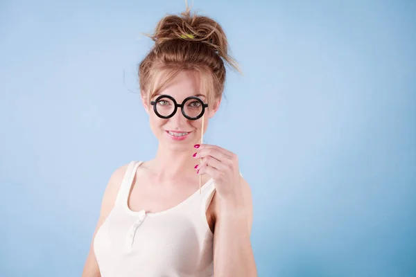 Elegant woman pretending wearing eyeglasses — Stock Photo, Image