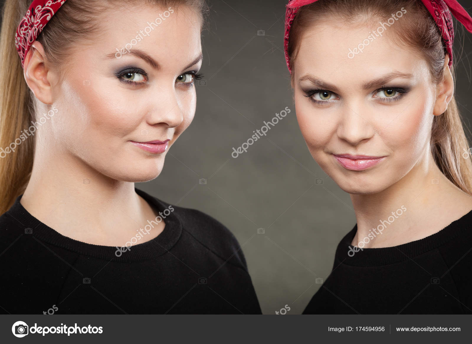 Portrait Of Retro Pin Up Girls In Red Handkerchief Stock Photo