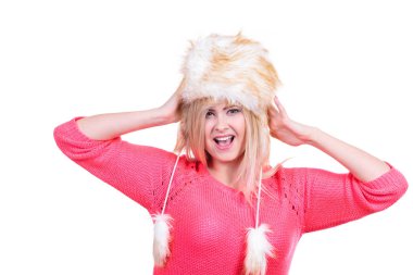 Çekici kadın tüylü kış şapka