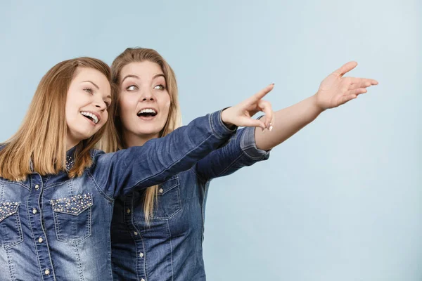 Twee vrienden van de gelukkige vrouwen het dragen van jeans outfit poitning — Stockfoto