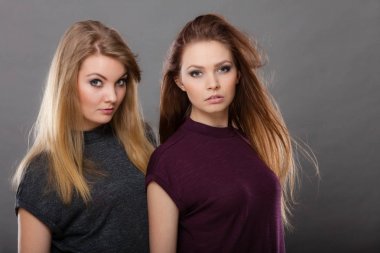 İki güzel kadın, sarışın ve esmer poz