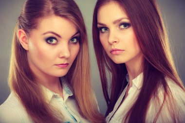 İki güzel kadın, sarışın ve esmer poz