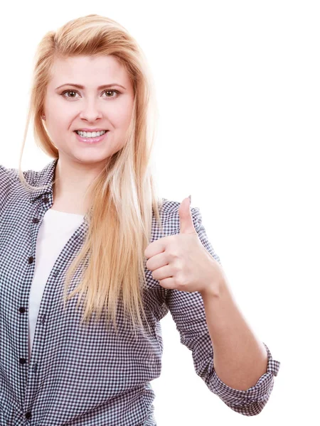 Mujer rubia mostrando el pulgar hacia arriba . —  Fotos de Stock