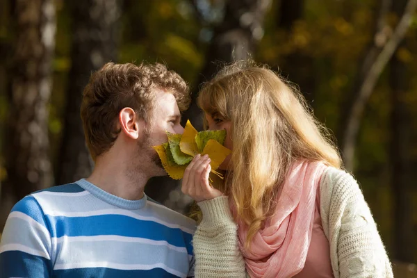 葉の後ろに隠れて秋の公園でカップルがキス — ストック写真