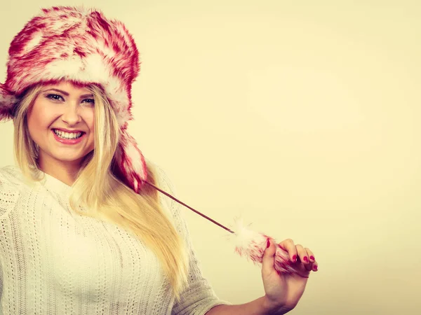 Blonde woman in winter furry hat — Stock Photo, Image