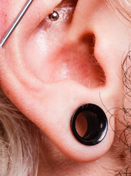 Pierced man ear, black plug tunnel, industrial and rook