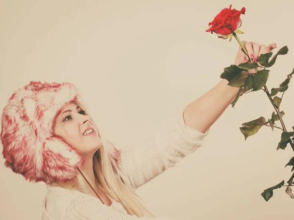 Donna in inverno cappello peloso in possesso di rosa rossa — Foto Stock