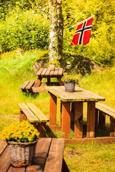 Norvég zászló és zöld piknik helyszínen — Stock Fotó