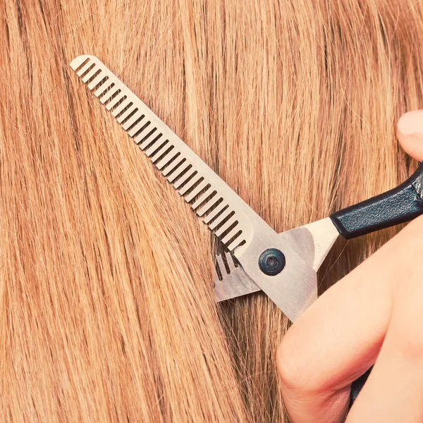 Details aus nächster Nähe. Spezialschere schneidet Haare. — Stockfoto