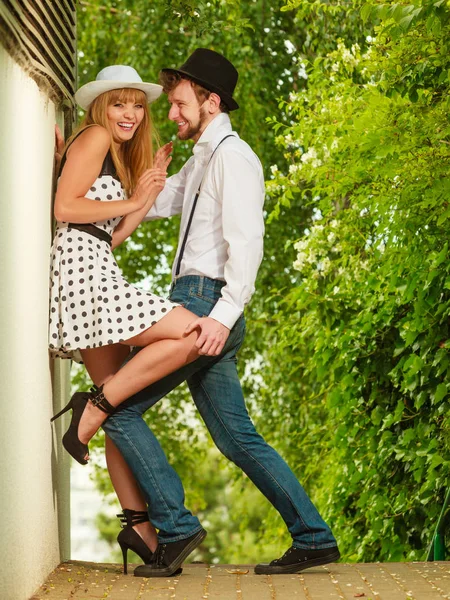 Loving couple retro style flirting outdoor — Stock Photo, Image