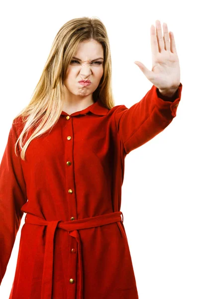 Γυναίκα που δείχνει στάση χειρονομία — Φωτογραφία Αρχείου
