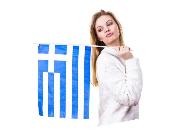 Happy woman holding Greek national flag — Stock Photo, Image
