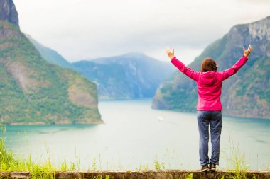 Yükseltilmiş Norveç dağlar fiyortları elinde olan kadın