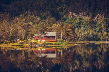 göl kıyısında, Norveç orman içinde ahşap kabin