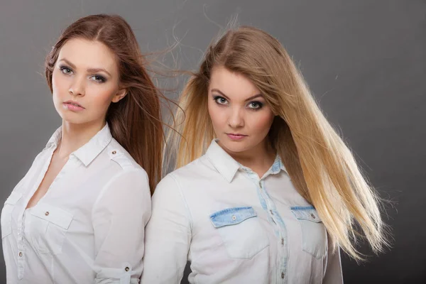 Duas mulheres bonitas, loira e morena posando — Fotografia de Stock