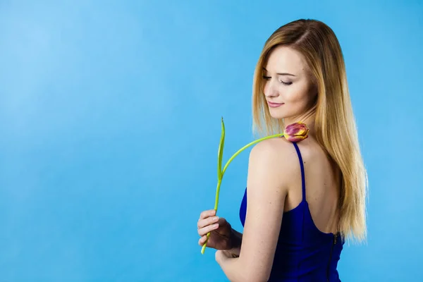 Schuss auf das Blau einer Frau mit lila Tulpe — Stockfoto