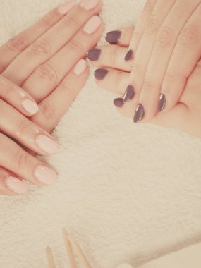 Kadın güzel boyalı jel hibrid tırnaklarını sunulması