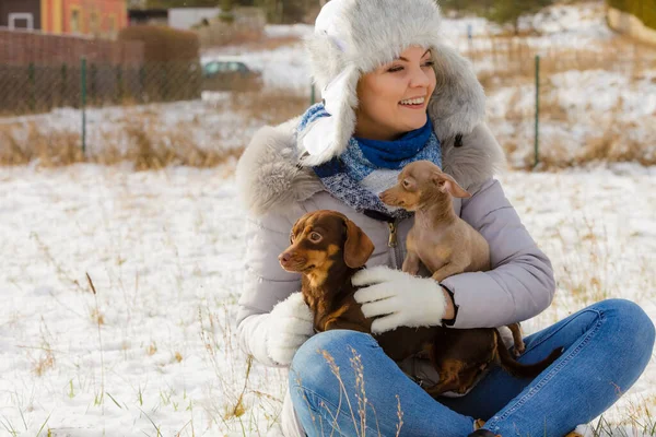 Mujer jugando con perros durante el invierno —  Fotos de Stock