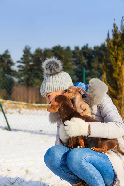 Femme jouant avec les chiens pendant l'hiver — Photo