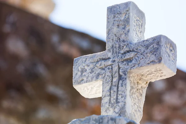 Greek stone cross on burial ground — Stock Photo, Image