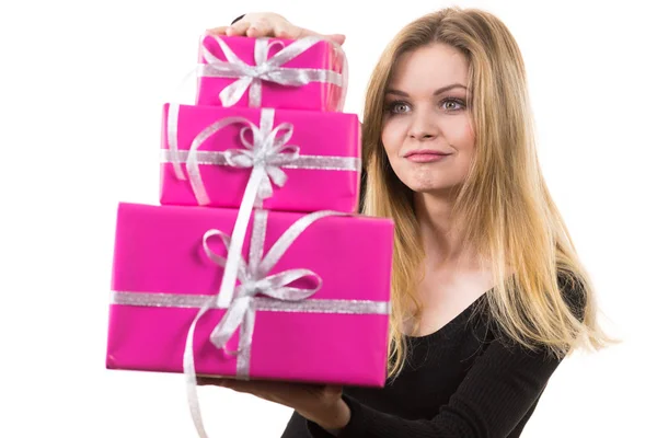 Happy surprised woman with many gifts — Stock Photo, Image