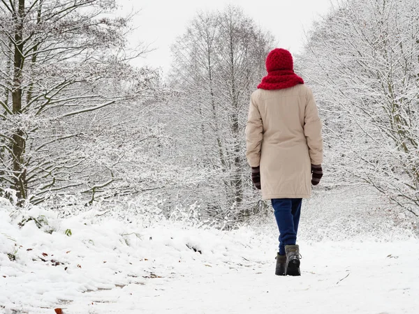Kvinna promenad i vinter snöskog. — Stockfoto