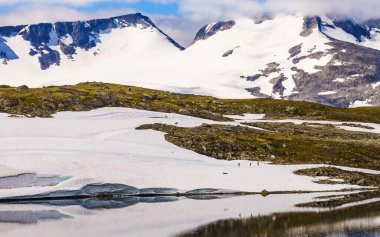 Spor aktivitesi. Norveç 'in Lom ve Luster kentleri arasındaki 55 Sognefjellet ulusal turizm rotasında kayak. Çalışan insanlar.