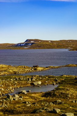 Hardangervidda Dağı Platosu. Ulusal turizm rotası. Yazın Norveç.