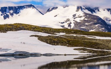 Spor aktivitesi. Norveç 'in Lom ve Luster kentleri arasındaki 55 Sognefjellet ulusal turizm rotasında kayak. Çalışan insanlar.