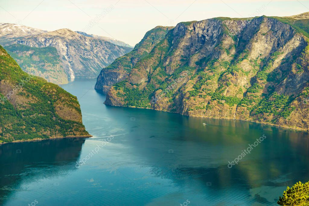 Aurlandsfjord fjord landscape, Norway Scandinavia. National tourist route Aurlandsfjellet.