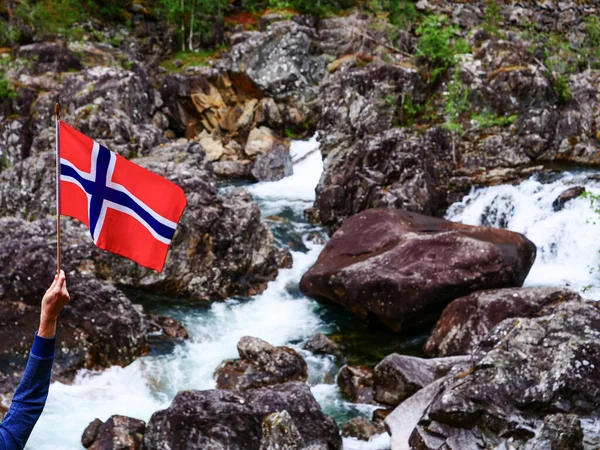 Tourist Hand Holding Norwegian Flag Outdoor Rocks Mountain Nature — Stock Photo, Image