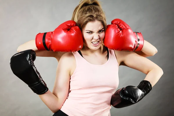 Sporty Having Head Boxing Gloves Somebody Punching Her Studio Shot — Stock Photo, Image