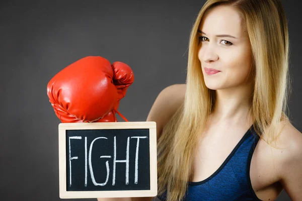 Young Sporty Woman Wearing Boxing Glove Holding Black Board Fight — Stock Photo, Image