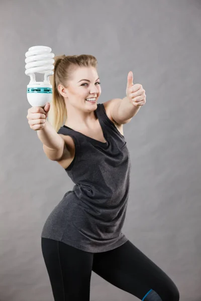 Happy Woman Holding Eco Modern Light Bulb Innovation Technology Power — Stock Photo, Image