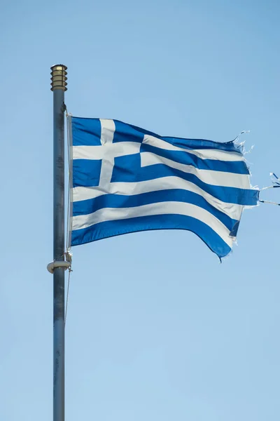 Close Blue Nad White Greek Flag Waving Wind National Landmark — Stock Photo, Image