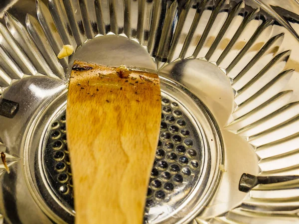 Prázdná Skleněná Mísa Dřevěná Špachtle Nástroje Vaření — Stock fotografie
