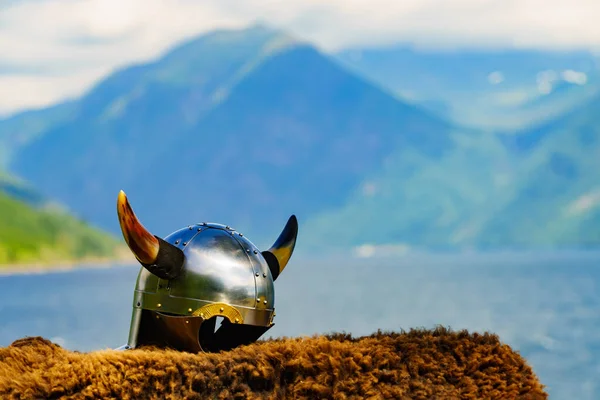 Viking Helmet Sword Fjord Shore Norway Tourism Traveling Concept — ストック写真