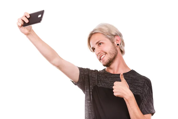 Technology Communication Handsome Young Man Stylish Joyful Guy Taking Self — Stock Photo, Image