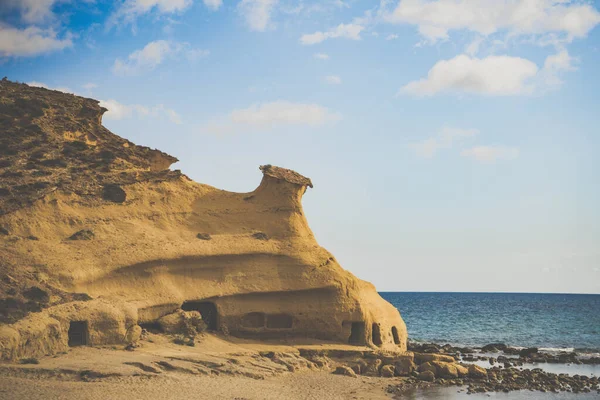 Cocedores Beach Sárga Homokformációkkal Földközi Tengeren Murcia Régió Spanyolország — Stock Fotó