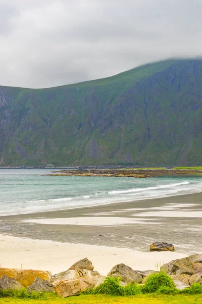 Wybrzeże Morskie Plaża Ramberg Flakstadoy Hrabstwo Nordland Lofoten Norwegia — Zdjęcie stockowe